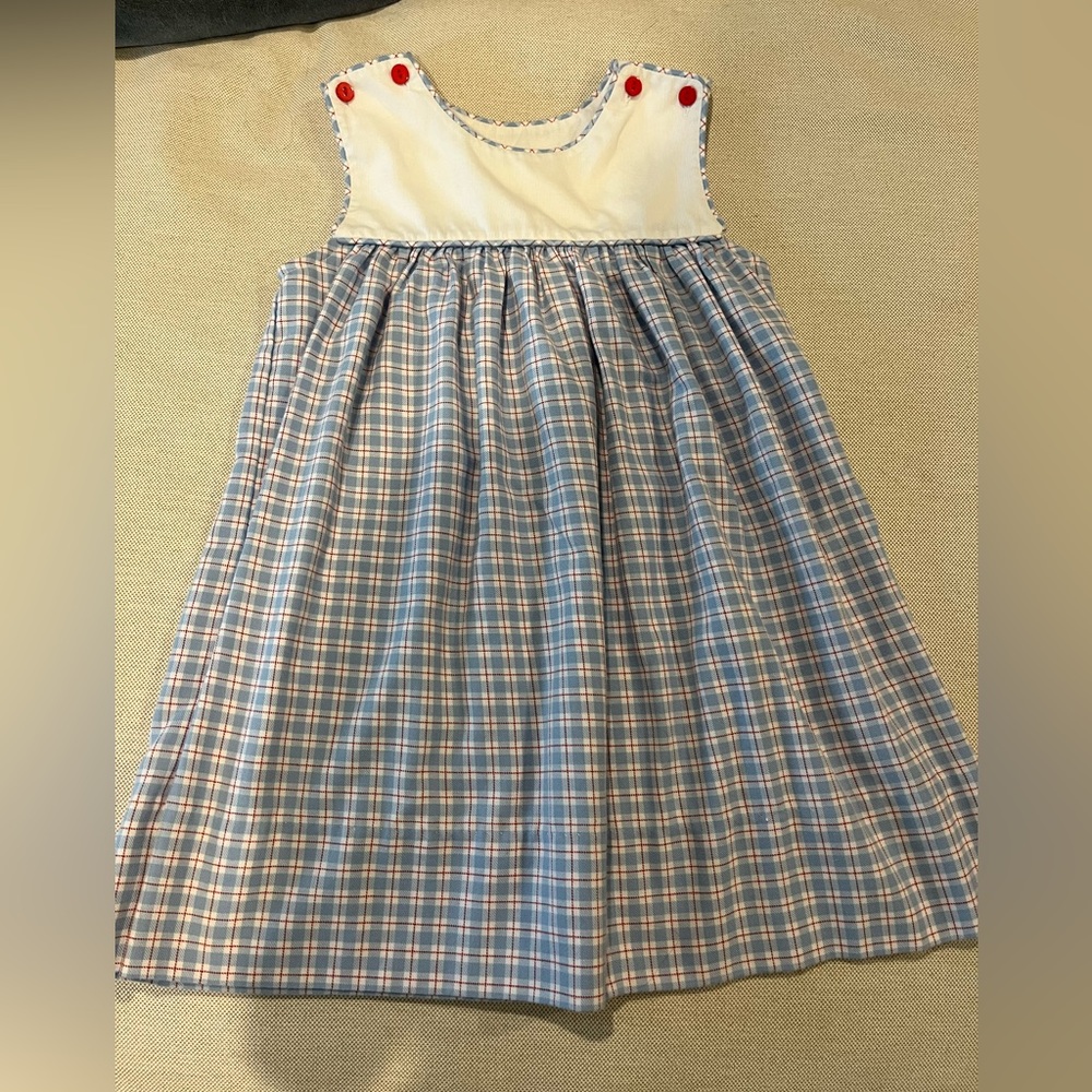 VGUC baby blue, red and white plaid dress. Size 4T.
